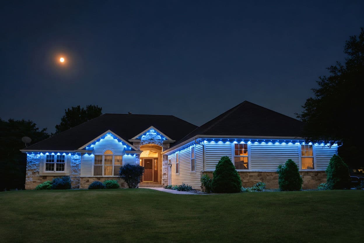 Real Kussmaul Co. permanent lighting installation lit warm white across a full gable at night